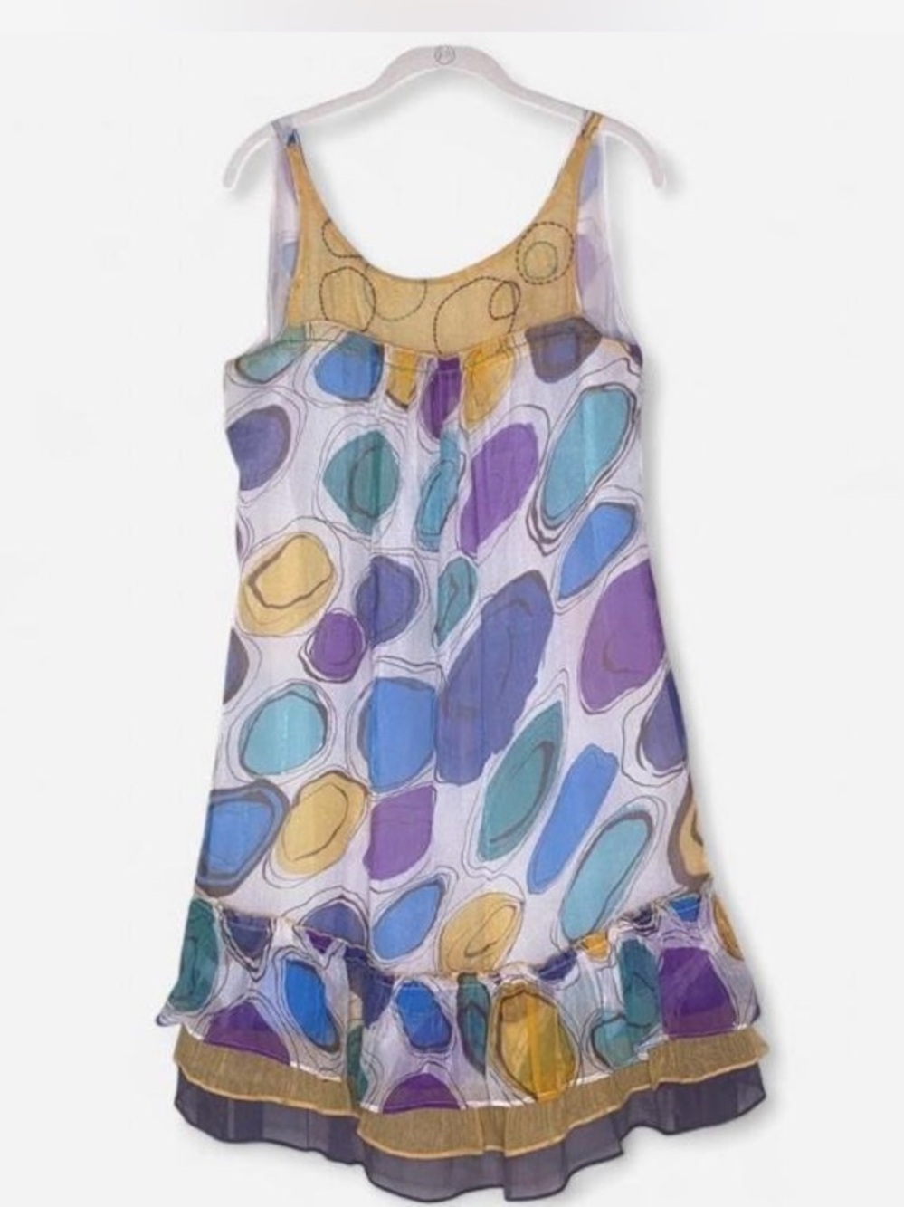 Freelance Sleeveless Midi Dress in Purple, Blue, Teal & Gold Abstract Print